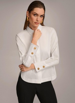 Sweaters and Tops Donna Karan Bawełniane Collared Button Down Białe | Polska_DK52816